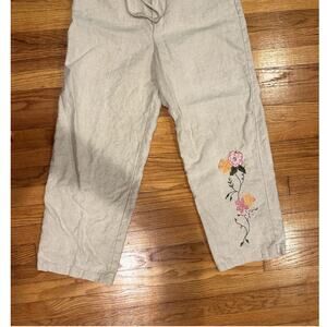 Tan 100%  Linen Drawstring Embroidered Flower Women's Size Large Petite Pant